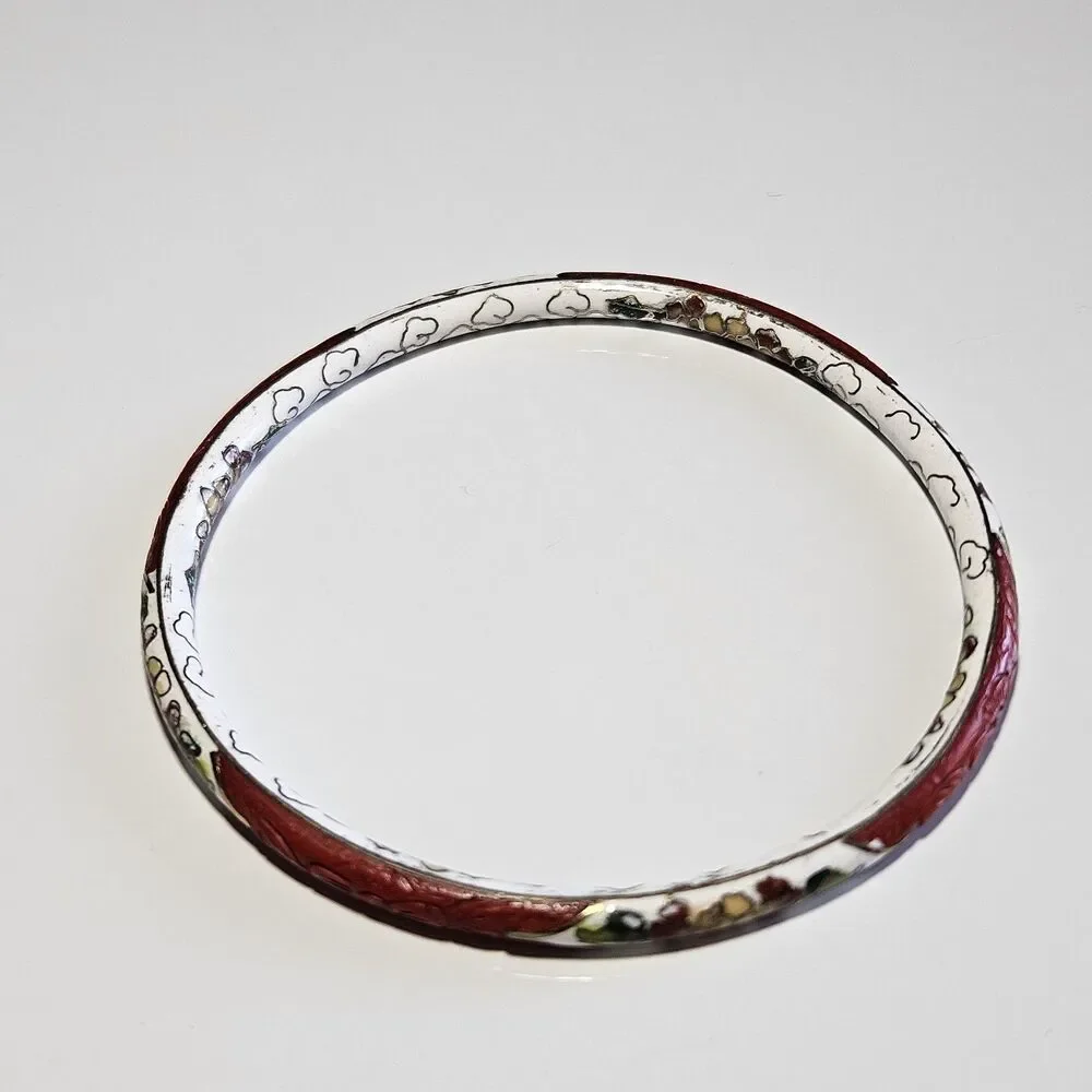 Gold Tone Vntg Carved Red Cinnabar White Cloisonne Bracelet 7.75